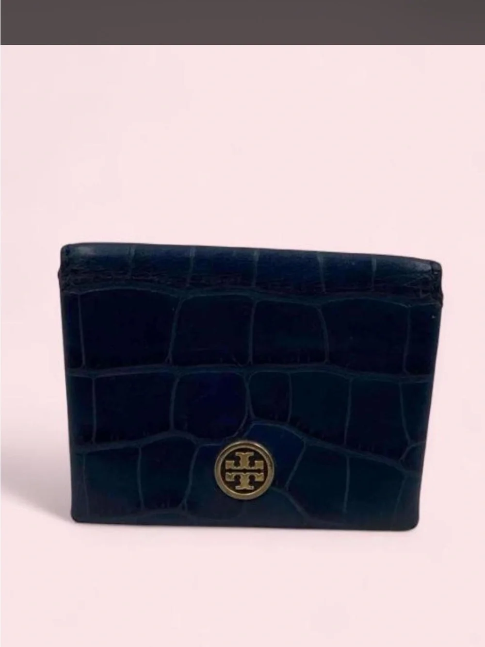 Tory Burch Navy Croc-Embossed Bifold card case holder with Gold Logo
